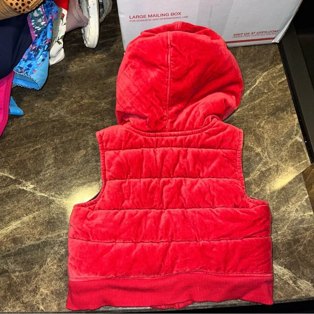 Vintage OshKosh Hooded Red Velvet Jacket Vest Youth Girls 18 months Floral Lined